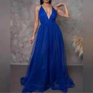Royal blue tulle deep v open back high slit dress maxi gown